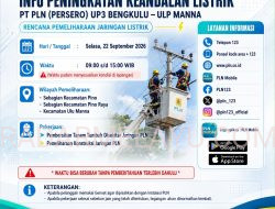 PLN ULP Manna Jadwalkan Pemeliharaan Jaringan Listrik,Sebagian Wilayah Bengkulu Selatan Bakal Alami  Pemadaman Sementara